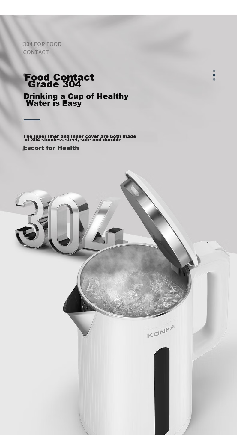KONKA Electric Kettle, 304 Stainless Steel Double-Layer Anti-Scalding, 2.2L Large Capacity, Household Insulated Water Boiler, Hot Water Kettle, KDSH-2233 6