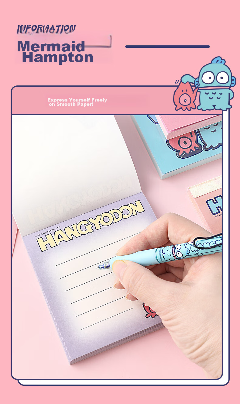 GuangBo X Sanrio Co-Branded Square Notebook, Mini Pocket Notebook, Memo Pad, Aesthetic Journal, Notepad, 100*100mm/80 Sheets, Half-Person Fish Green, KT81387 5