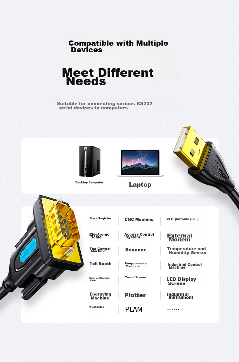 DTECH USB to RS232 Serial Cable, USB to DB9 Male Adapter Cable, Compatible with Attendance Machine, Cash Register, Label Printer, COM Port Debugging Cable, PLC Cable, IOT5075-2M 2