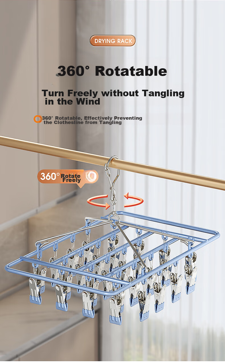 Jingxun Clothes Hanger with Sock Clips, 24 Clips Solid Multi-Head Drying Clips Multifunctional Windproof Sock Clips Round Gree 10