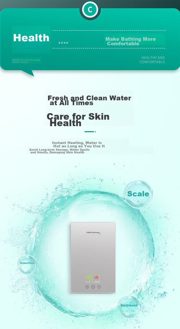 CHIGO Instant Electric Water Heater, 7500W Rapid Heating, Constant Temperature, Small Kitchen Treasure, Energy-Saving Household Integrated Shower, No Storage Water Required, Adjustable Power, ZG-KB732 13