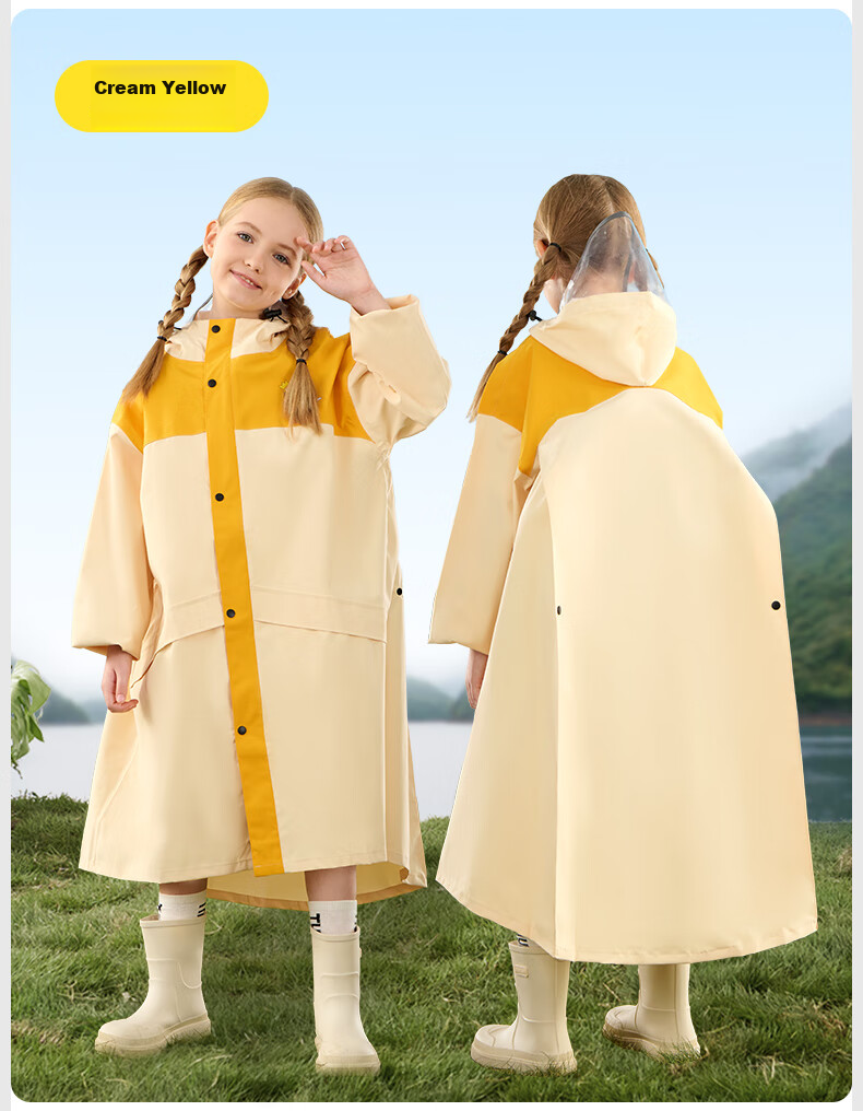 Moremerry Children's Raincoat for Boys And Girls with Backpack Space, Waterproof Breathable Baby Fashion Windbreaker Style Rain Poncho, Almond Yellow, 3XL 21