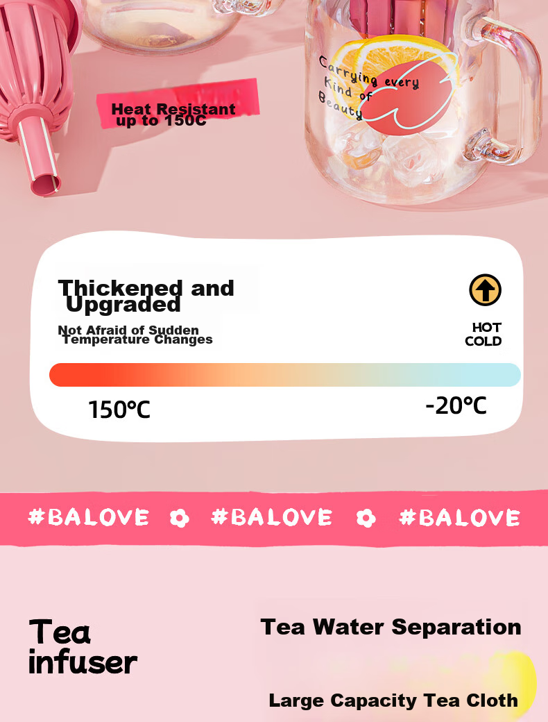 BABLOV Children's Water Bottle for Girls, Stylish Large Capacity Glass Tea Infuser Cup with Straw 7