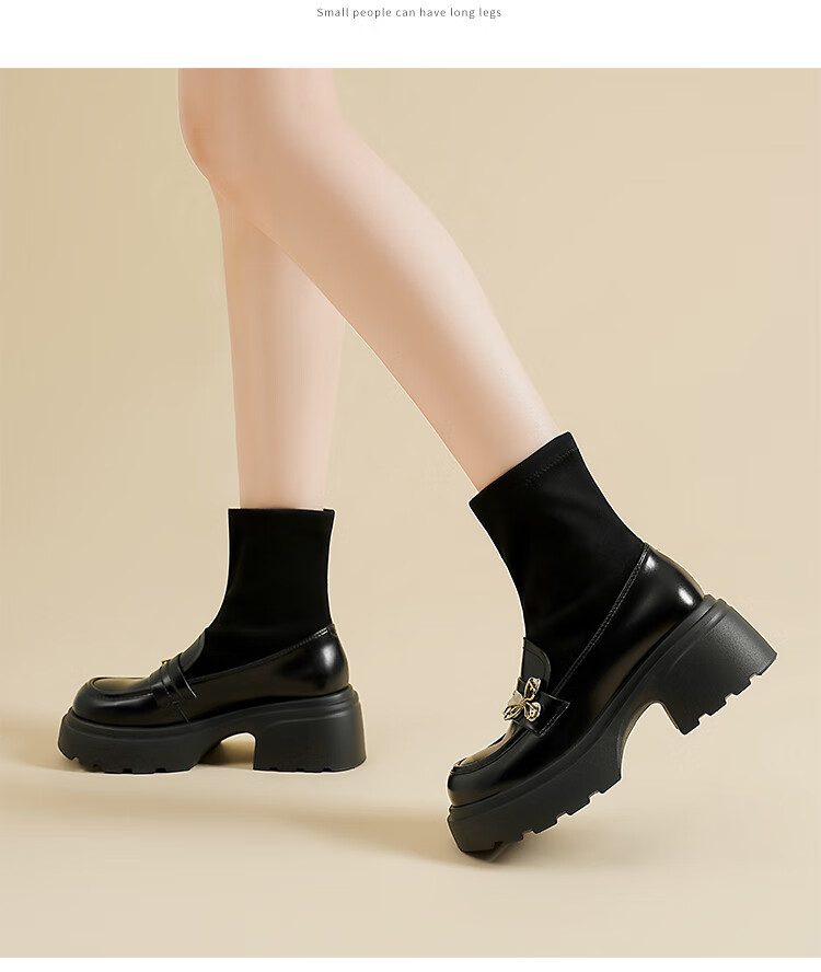 ZHR Elastic Socks And Boots for Women, Academic Style, Fleece-Lined Chunky Heel Loafers, Height-Increasing Short Boots for Women, AH579A, Black, Size 35 10