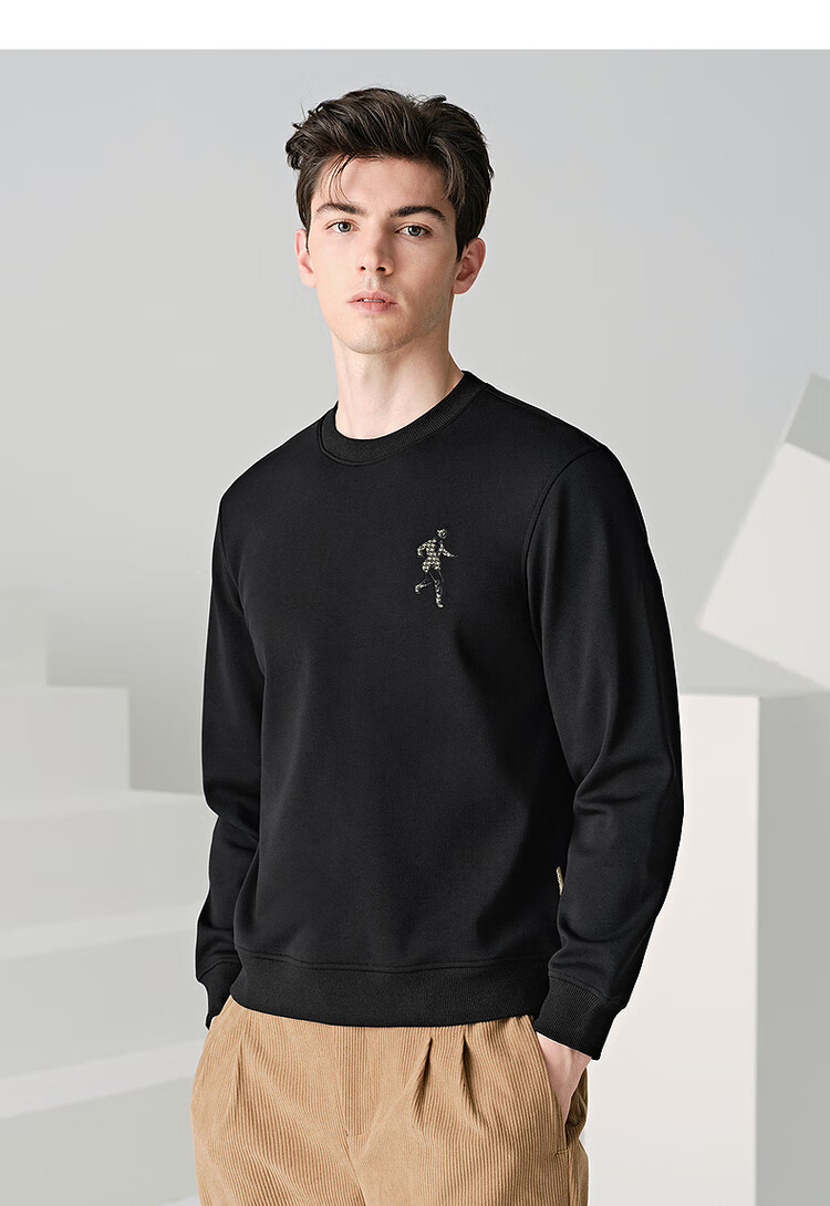 Dancing with Wolves [Long-staple Cotton Lined with Fleece] Autumn Winter Thickened Warm Crewneck Sweatshirt Men's Hoodie 001 Black 170 8