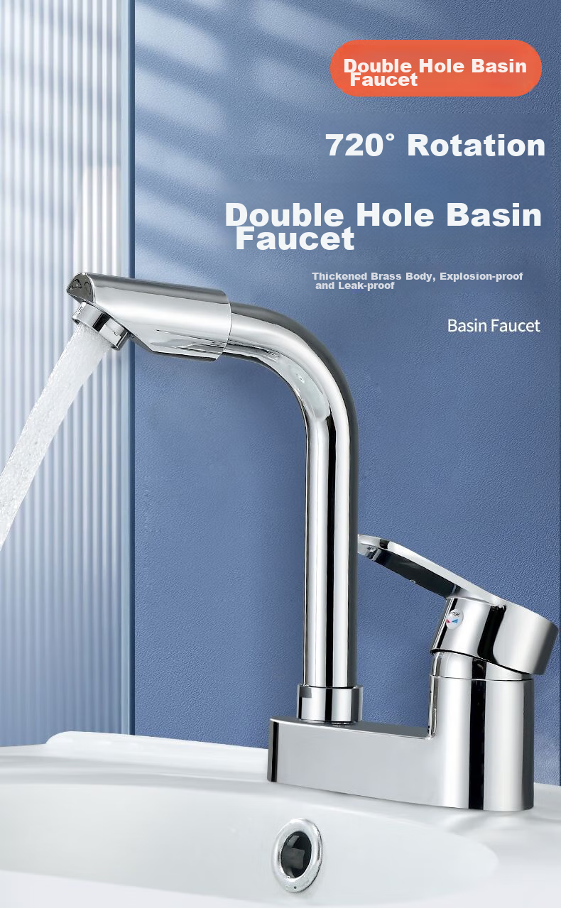 BSITN Double-Hole Basin Faucet, Washbasin Cold And Hot Thickened Brass 720° Rotating Bathroom Faucet B8057 1
