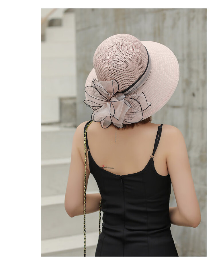 GLO-STORY Organza Women's Sun Protection Hat Lace Pearl Elegant Breathable Straw Top Fisherman Hat for Outings 17