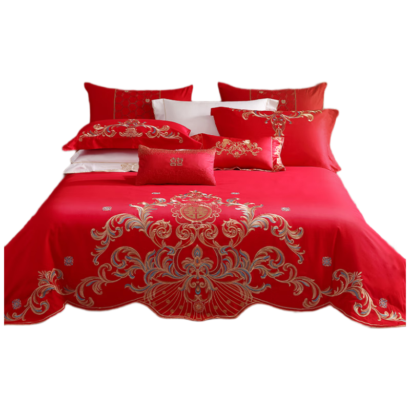 Bailisi Shuixing Jiafang Wedding Bedding Set, Four-Piece, Pure Cotton Embroidered Wedding Room Set, Bright Red Bed Sheet And Duvet Cover