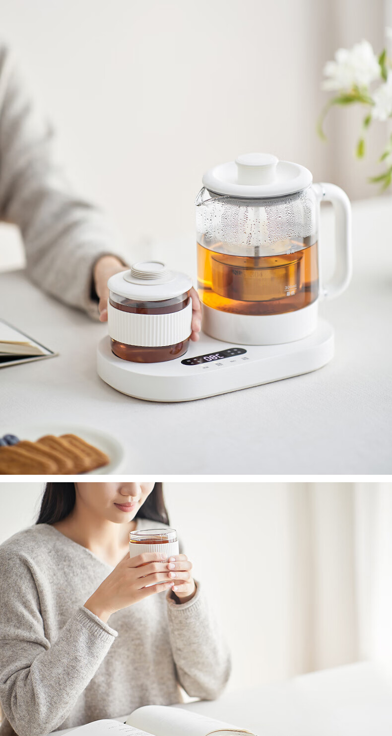 Olayks Instant Mini Health Pot Set Flower Tea Kettle 0.8L Office Heating Thermostat Coaster 2-in-1 Small Electric Kettle Tea Maker for One 14