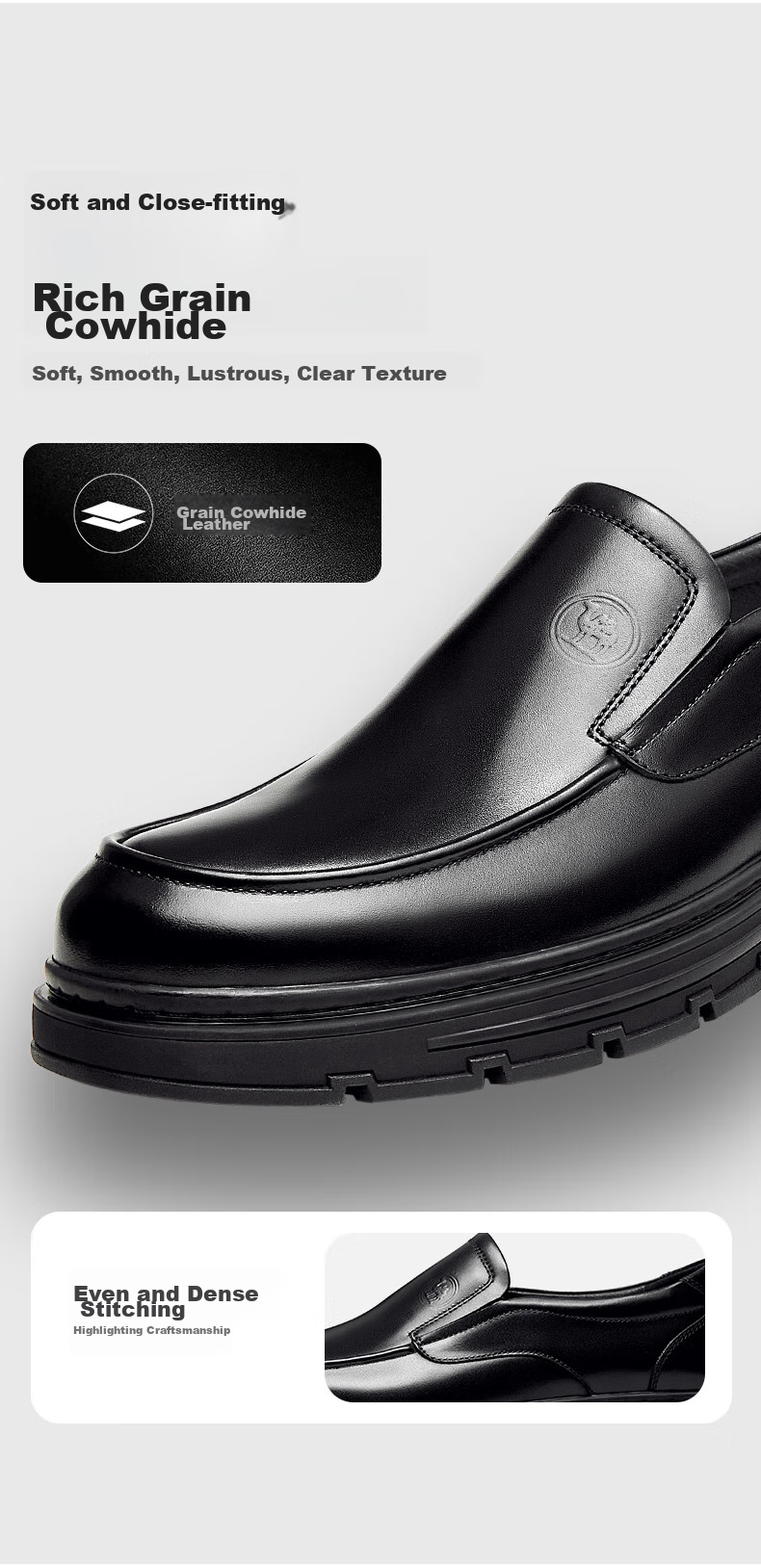 CAMEL Brand Men's Leather Shoes, Business Cowhide Comfortable Soft-Soled Slip-On Wedding Shoes for Men, P13A005030, Black, Size 42 3