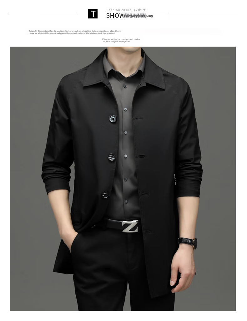 ROMON Men's Trench Coat, Spring And Autumn Business Casual Mid-Length Overcoat, Outerwear Jacket D-2021 Black XL 22