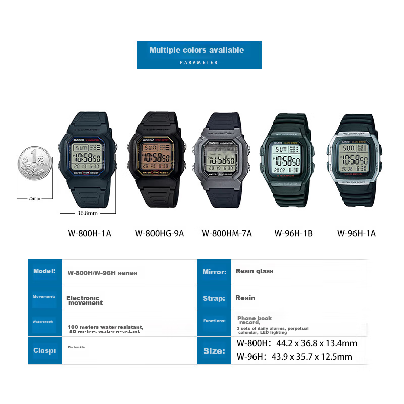CASIO Men's Small Square Series Outdoor Waterproof Sports Student Watch Luminous Digital Watch Gift for Boyfriend W-96H-1B 7