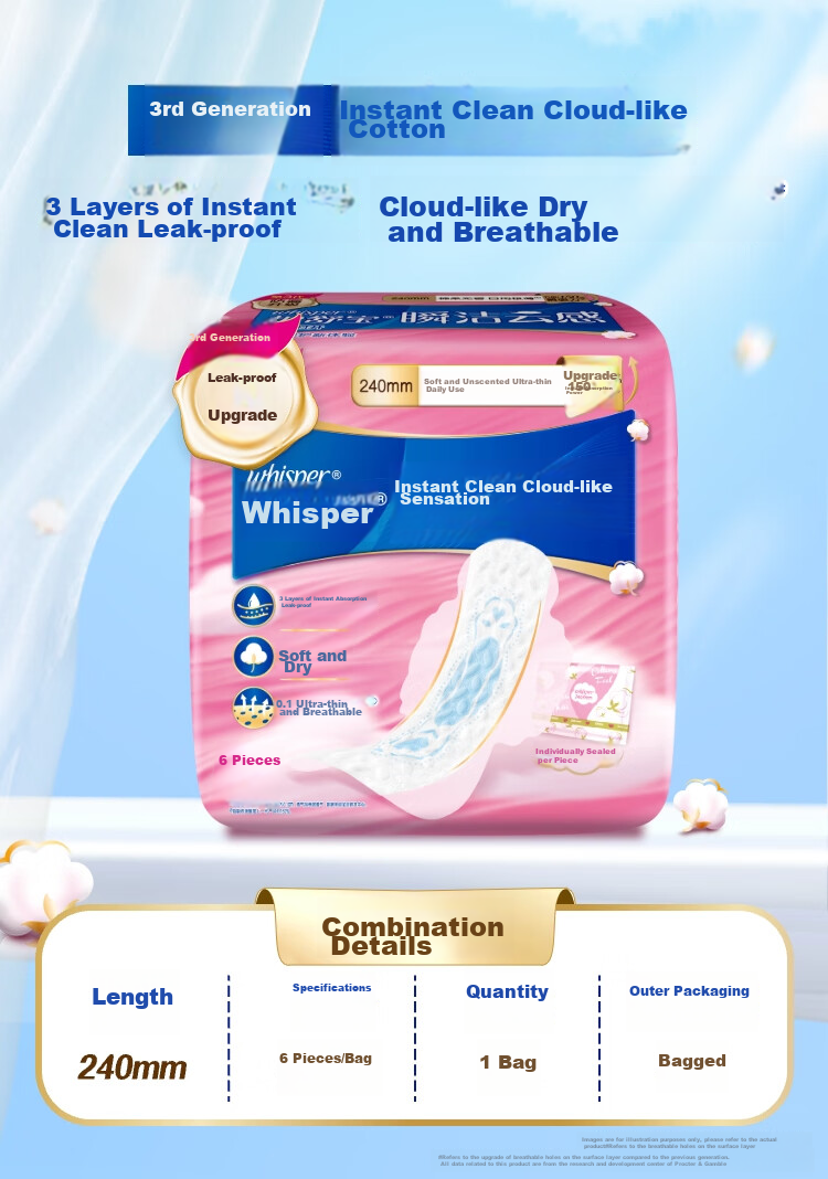 Hushubao Innovative Instant Clean Cloud-Feel Cotton Sanitary Napkins, Daytime Use, 240mm, 6 Pieces, Menstrual Pads Trial Pack, Sold by JD Official Flagship Store 1