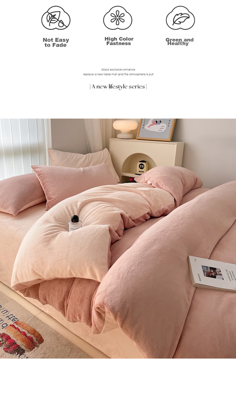Grace Milk Velvet Three-Piece Set, Flannel Student Dormitory Single Duvet Cover 150*200cm - Cocoa Pink + Fragrant Jade 10
