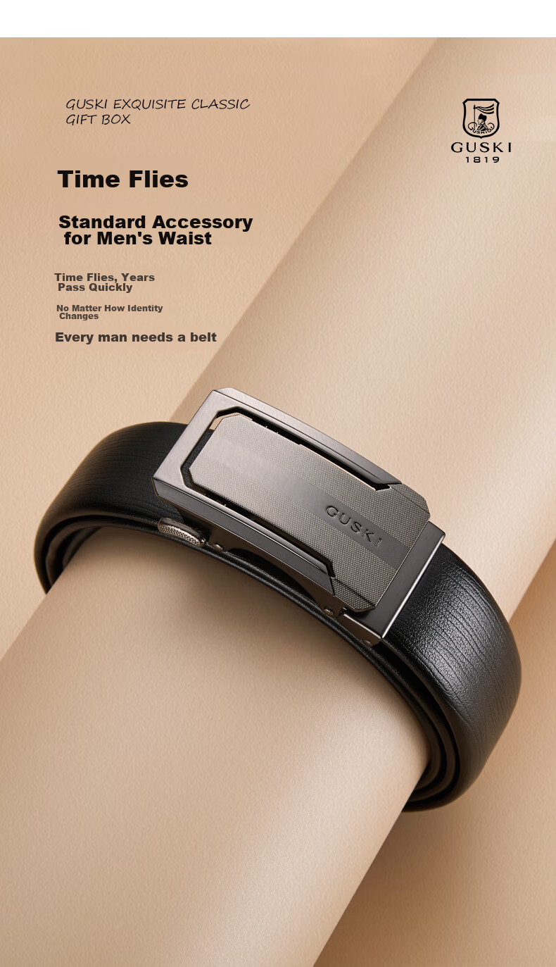 GUSKI Brand Men's Leather Belt with Automatic Buckle, Top-Grain Cowhide Waistband, Gift Box, Birthday Present for Boyfriend Or Husband 10