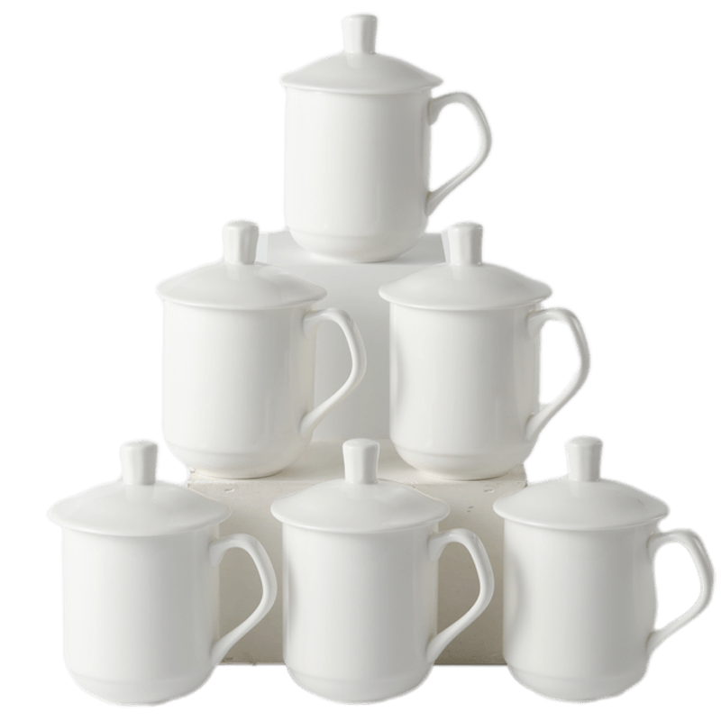 Jieyajie Ceramic Tea Cups with Lids, Children's Water Cups (350ml), Ceramic Office Cups, Pure White, Set of 6