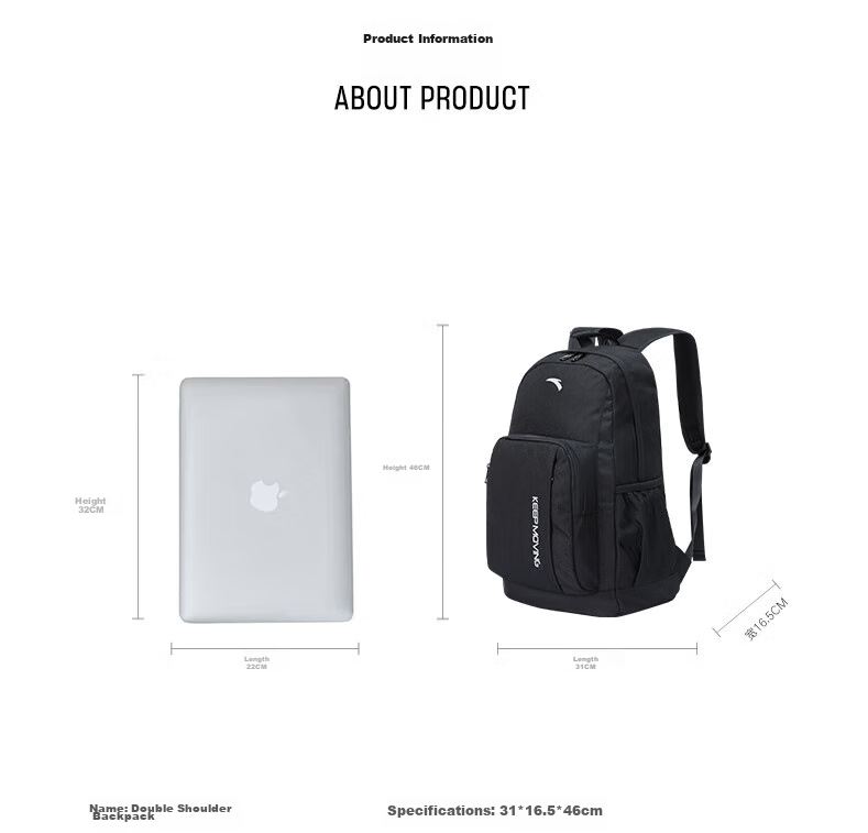 Anta Walker Black Backpack Unisex Student School Bag Laptop Sports Travel Bag 21