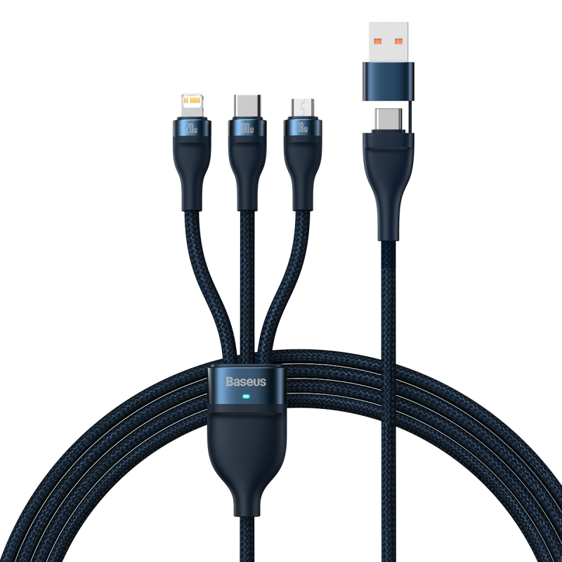 Baseus Three-In Fast Charging Cable, PD Charging Cable, Compatible with Type-C, Huawei Mate60 Pro, Apple 17/16/15/14 Pro Max Phones And Computers, Charger Cable, Blue