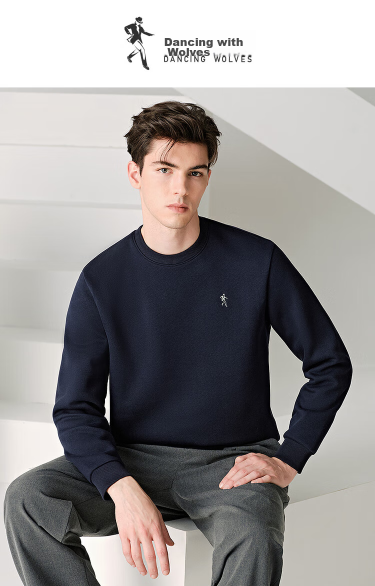 DANCING WOLVES [Xinjiang Long-Staple Cotton] Versatile Round Neck Top for Autumn And Winter, Skin-Friendly Breathable Men's Sweatshirt, 001 Black, Size 170 1