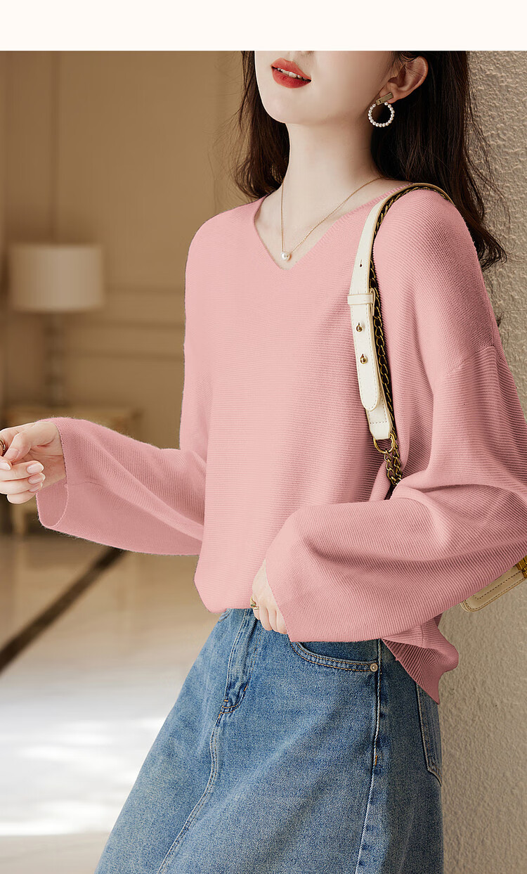 Dme [Containing Wool] Spring And Autumn French-Style V-Neck Sweater with Lantern Sleeves, Slimming And Versatile Knitted Top for Wome 15