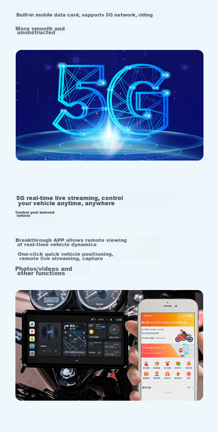 Tupozhe M8 Motorcycle Dash Cam, 5G Smart Car System, Blind Spot Radar, Tire Pressure Monitoring, Free View Angle Screen Casting, Carplay Navigation Device, M8 (All-In Package) 7