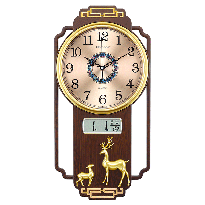 Compas Wall Clock, Living Room New Chinese Style Calendar Clock, Quartz Wall Clock, 3349 Coffee Wood Color, 64cm