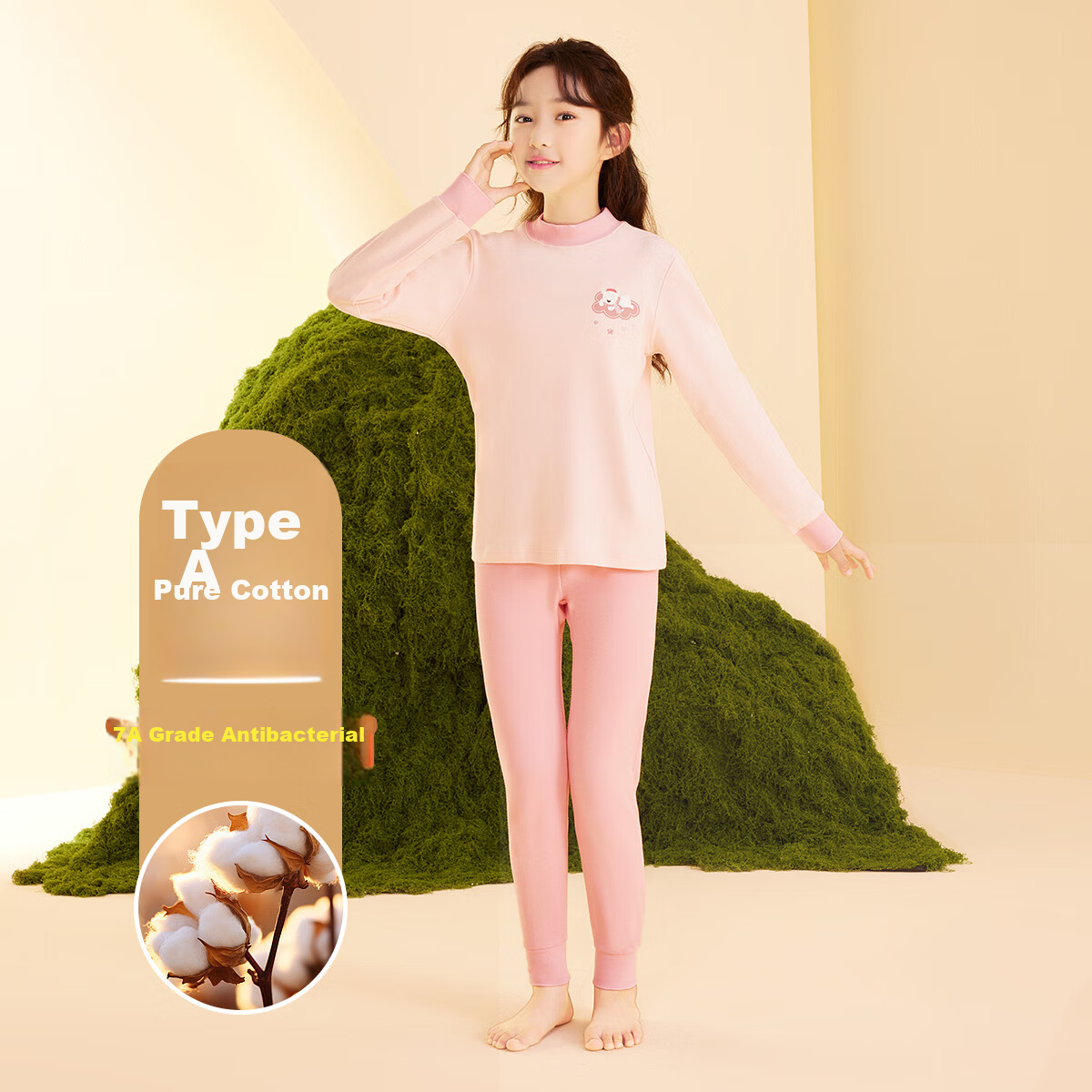 Hodohome Children's Autumn Underwear Set, Girls' Pure Cotton 7A Grade Antibacterial Semi-Turtleneck Thin Warm Underwear Set 118 150