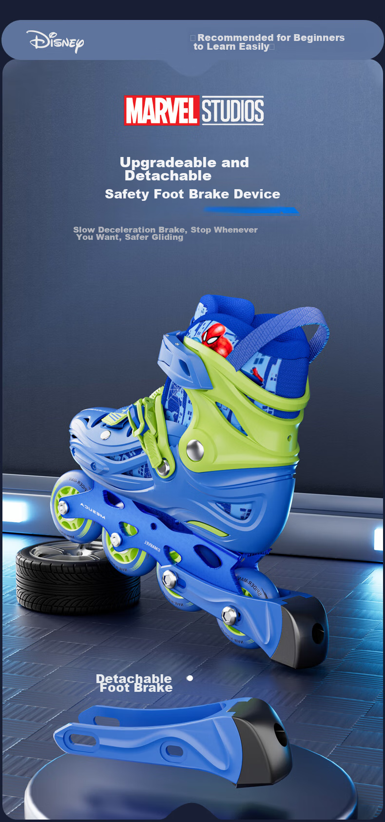 Disney Roller Skates for Children, Professional Girls' And Boys' Beginner Inline Skates, Ice Skating Shoes, Dry Ice Straight-Wheel Roller Skates, Spider-Man Set M 13