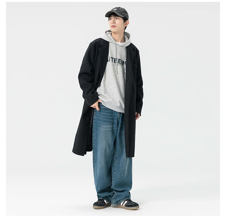 Dingfengbaoluo Men's Woolen Coat Autumn Winter Mid-Length Korean Style High-Quality Loose Over-the-Knee Wool Trench Coat HT88 Black 5XL 11