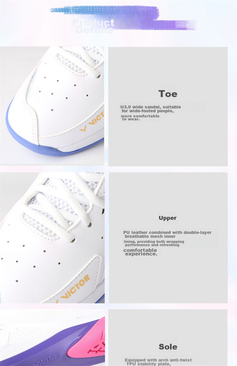 VICTOR Badminton Shoes, All-Round Competition Model, Shock-Absorbing Power Cushion, for Men And Women P8500TD, Pearl White/light Purple, Size 36 9