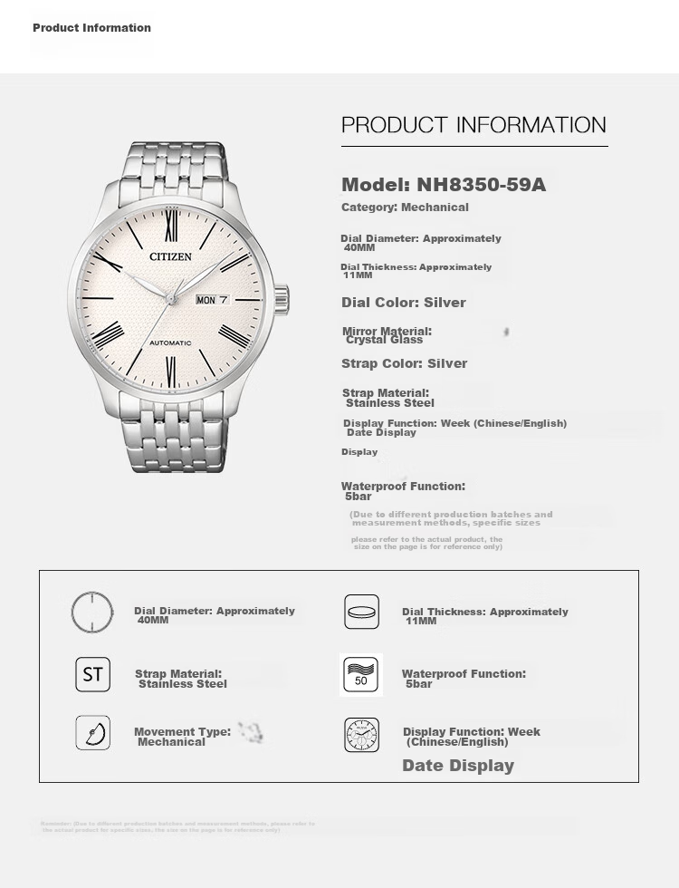 CITIZEN Watch for Men, Japanese And Korean Style, Automatic Mechanical Movement, Date Display, Steel Strap, Business Style, Gift for Boyfriend, NH8350-59E 2