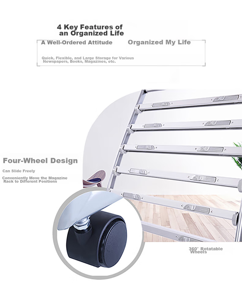 Deli Five-Tier Aluminum Alloy Clip Newspaper Rack Magazine Stand Bookshelf, Promotional Periodical Display Shelf, Floor-Standing Rack Office Storage Shelf, Height 0.87 Meters 3