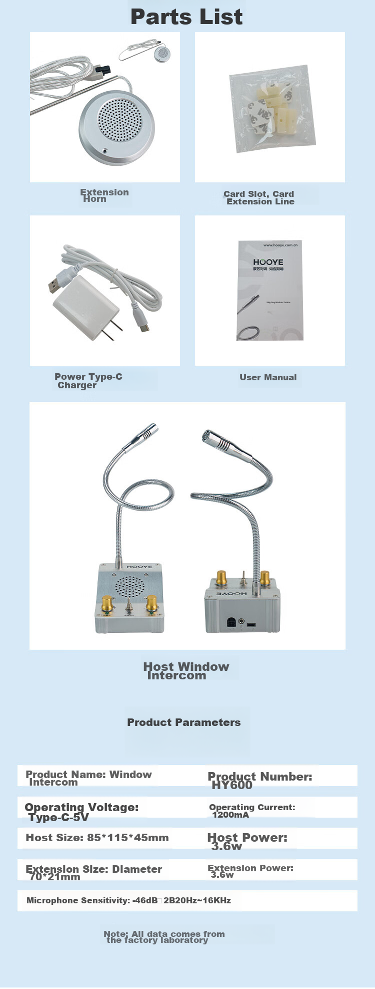 HOOYE Window Two-Way Intercom System, Bank Hospital Station Counter Two-Way Intercom Amplifier HY600 7