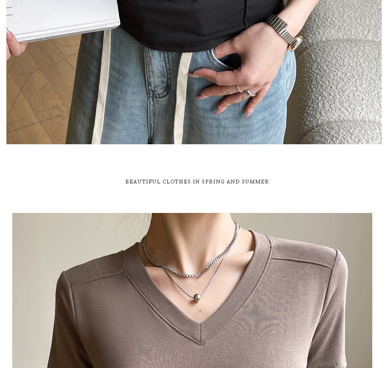 Langsha Women's Summer Short Sleeve V-Neck Slim Fit Modal Basic Top 20