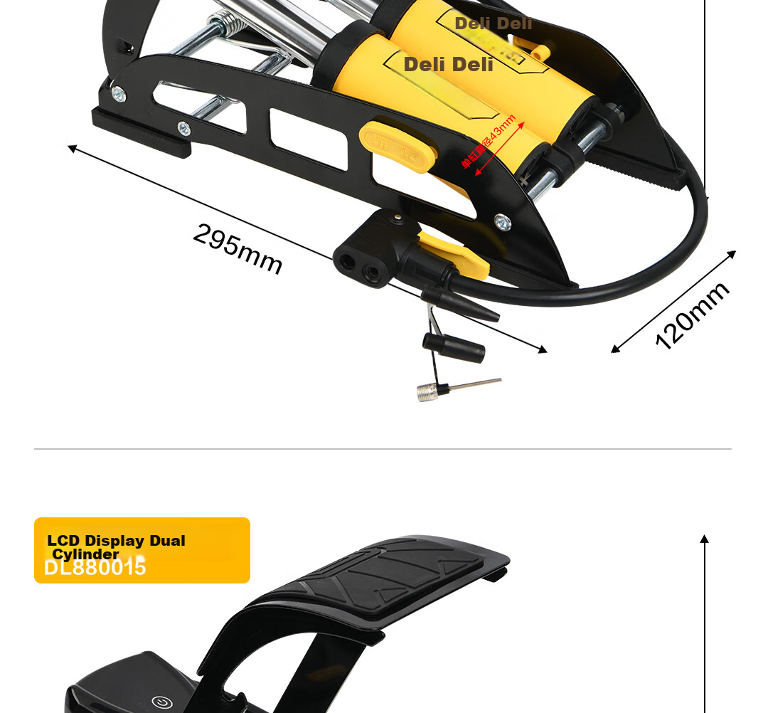 Deli Dual-Cylinder Foot Pump, Car Bicycle Basketball Bike Inflator, Road Bike Pump with Gauge 22