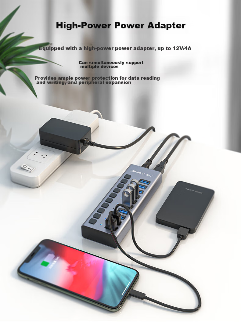Acasis USB 3.0 Hub, One-To High-Speed Expansion HUB Duplicator Cable, Desktop And Laptop Multi-Port Adapter Expansion Dock HS-707MG 7