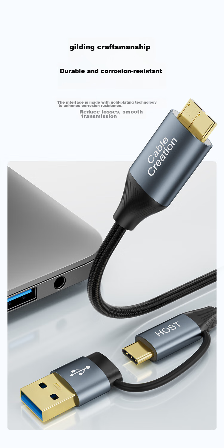 CABLE CREATION, Type-C to Micro USB 3.0 High-Speed Transfer Two-In Portable Hard Drive Data Cable, Compatible with Seagate, Toshiba, Western Digital, Samsung Hard Drives, Extension Cable, 0.6 Meters 11