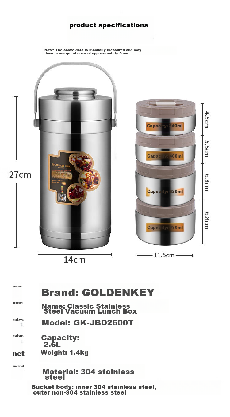 Jinyaoshi 304 Stainless Steel Vacuum Insulated Lunch Box, Classic 2.6L Capacity, All-Steel Design, Thermal Food Container, GK-JBD2600T 10