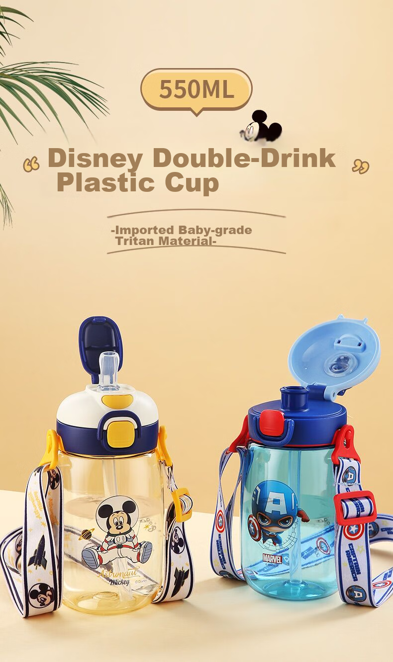 Disney Plastic Water Bottle with Straw for Children, Tritan High-Temperature Resistant Dual-Use Water Bottle for Boys And Girls, Elementary School Students, Direct Drinking Cup 1