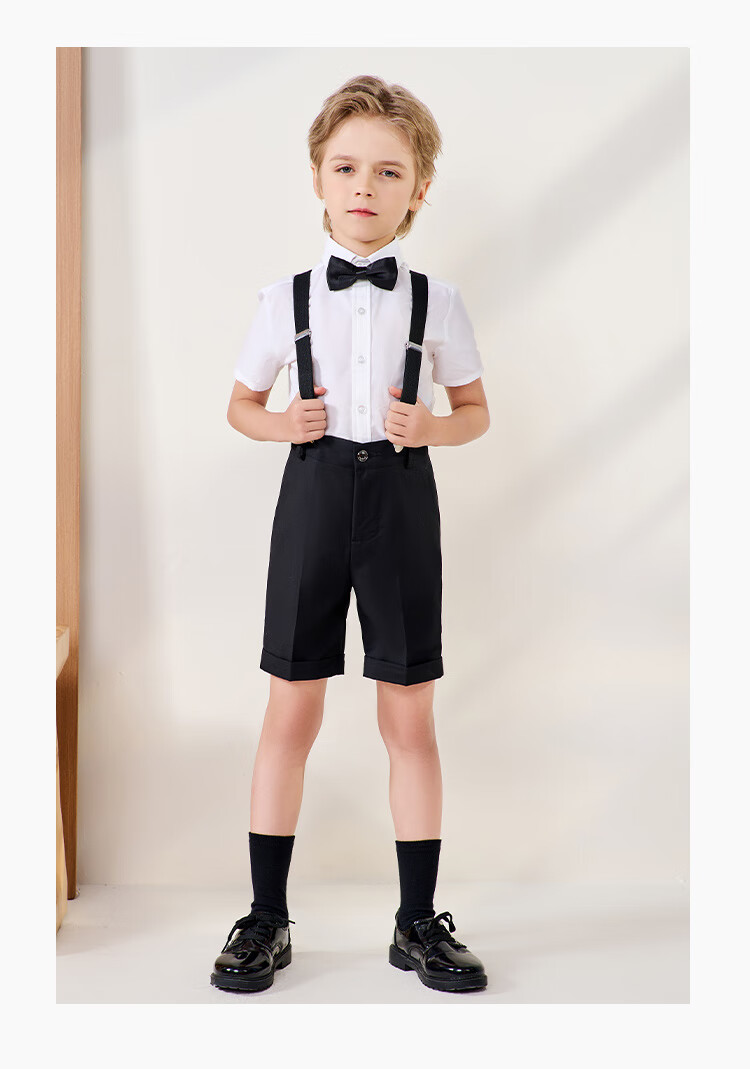 Luomeng Boys' Formal Wear Summer Children's Graduation Performance Outfit Kindergarten Suspender Pants Flower Girl Black Set 140 8