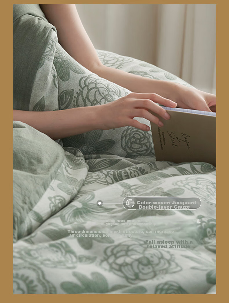 La Torretta Double-Layer Gauze Four-Piece Set, Pure Cotton High-End Color-Woven Jacquard Bedding Set, All-Cotton Duvet Cover And Bedsheet, Grass Green, 1.8/1.5m Bed 23