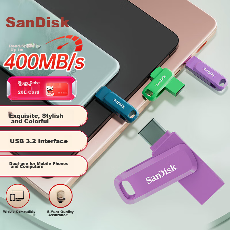 Sandisk 512GB Type-C USB3.2 Dual Drive DDC3 Purple, Read Speed up to 400MB/s, Automatic Backup, Compatible with Phones And Computers, Dual Interface High Capacity Flash Drive