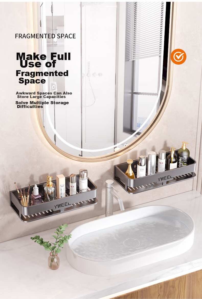 Yweel Bathroom Storage Rack, Space Aluminum No-Drill Toilet Washbasin Kitchen Storage Wall-Mounted Bathroom Organizer Shelf 8