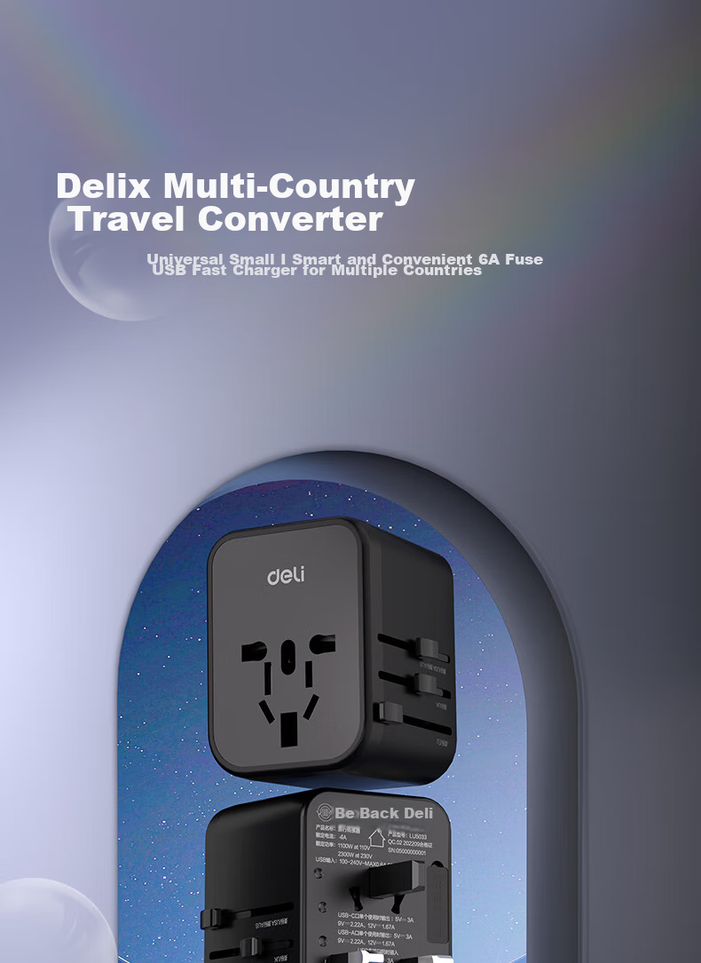 Deli 20W PD Fast Charging Global Travel Adapter/Converter Plug for Multiple Countries / Compatible with US, UK, Australia Standards / 1 to 1 Set + 2A1C Black LU5033 1