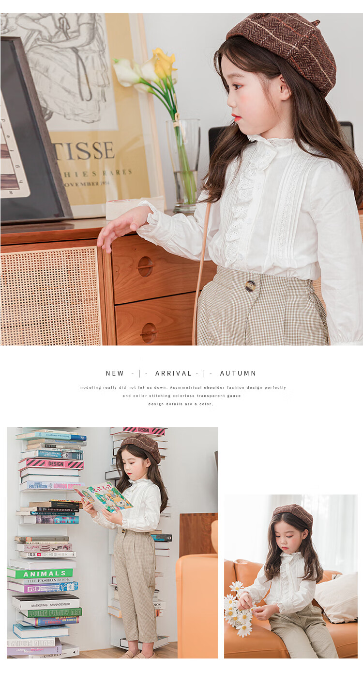 LUOBOBEIBEI Girls' White Long-Sleeve Shirt, Lace Trim Inner Blouse, Autumn White Base Layer, White, Size 150 6