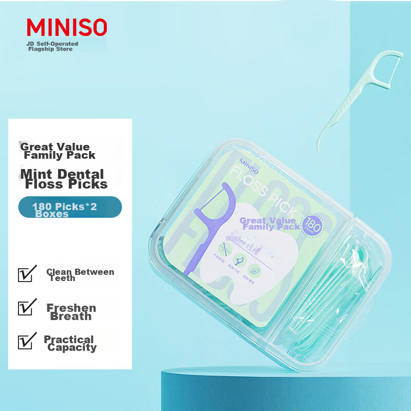 MINISO Value Family Pack Mint Dental Floss Picks, Tooth Cleaning Interdental Floss Sticks, 180 Pieces * 2 Boxes