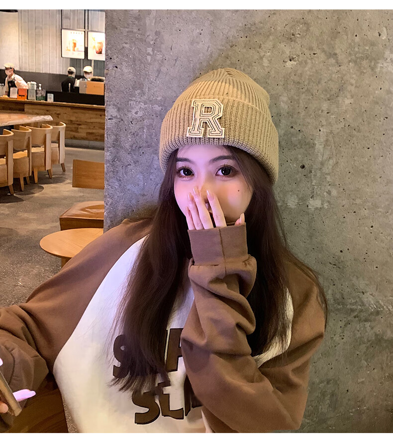 Xueqiman Women's Hat Versatile Korean Style Ins Knitted Hat Autumn Winter Letter Warm Solid Color Woolen Hat Black One Size 5