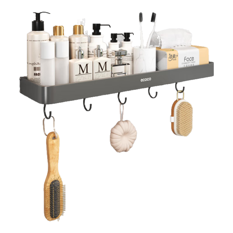 Ecoco Bathroom Storage Rack, Toilet Organizer Wall-Mounted Detachable Space Aluminum Shelf 50cm with Hooks
