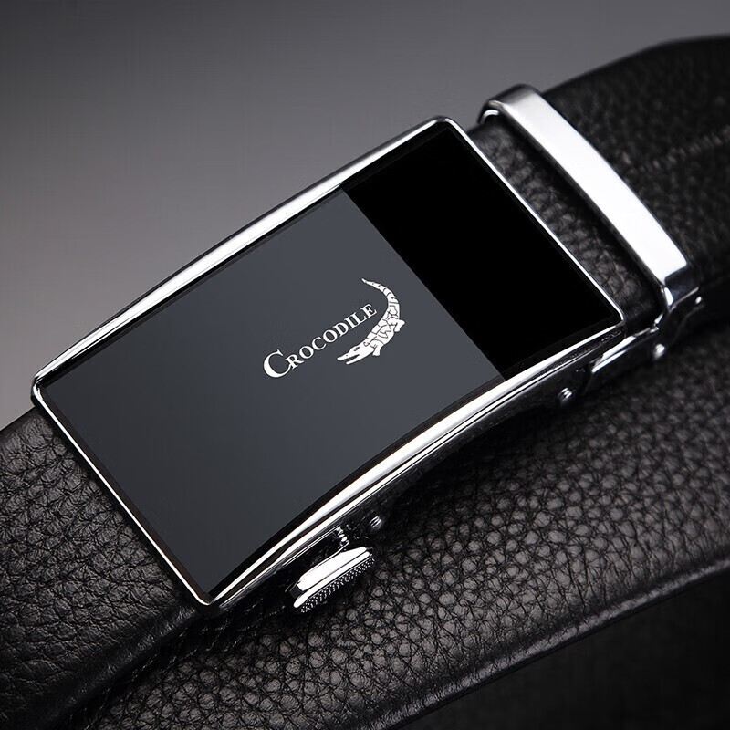 CROCODILE Top-Grain Leather Men's Business Casual Youth Automatic Buckle Simple Belt Gift for Boyfriend 12832 Black