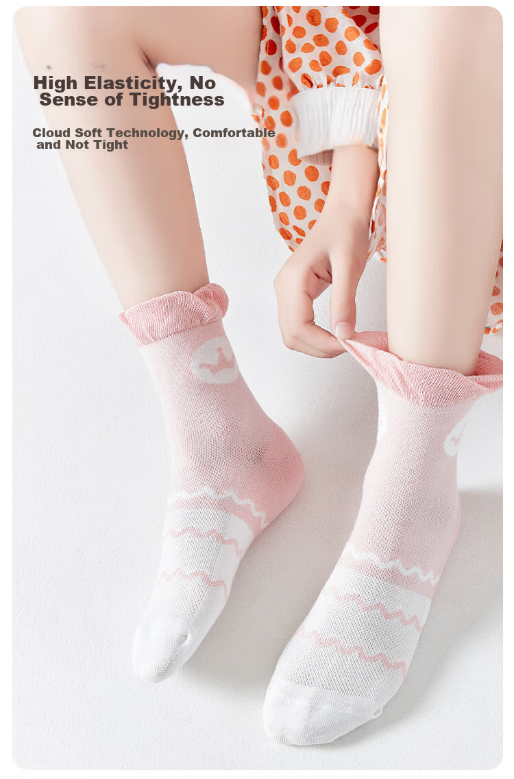 MiiOW Children's Socks, Summer Girls Breathable Cute Lace Mesh Socks, Big Kids Student Cartoon Mid-Calf Socks, 5 Pairs Pack 10